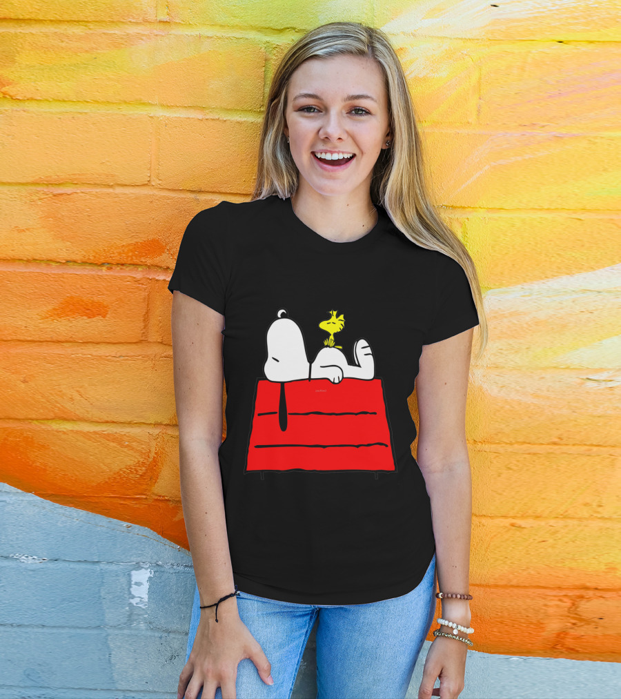 Snoopy Sleeping On Red Doghouse With Woodstock T-Shirt