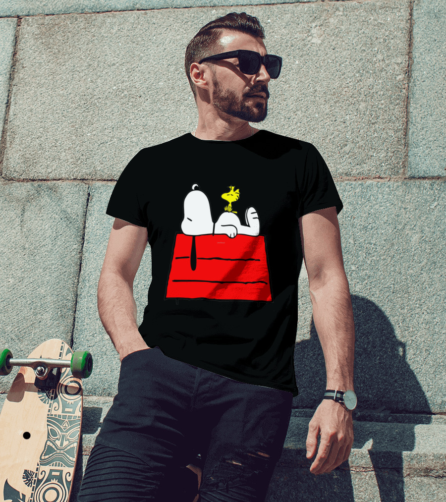 Snoopy Sleeping On Red Doghouse With Woodstock T-Shirt