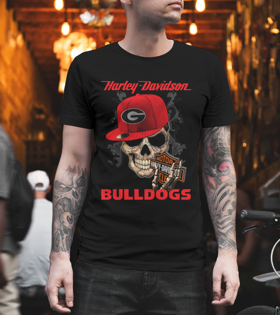 Harley Davidson Skull Wearing Georgia Bulldogs Cap T-Shirt