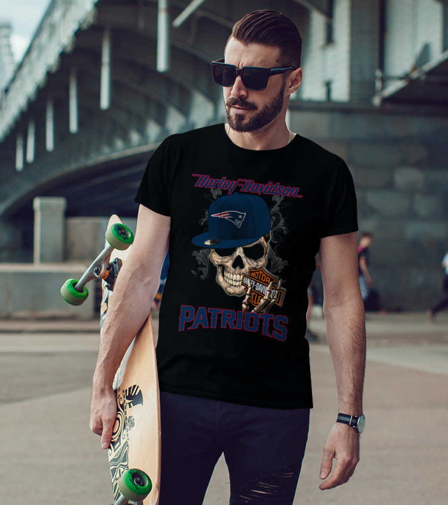 Harley Davidson Skull New England Patriots Hat T-Shirt
