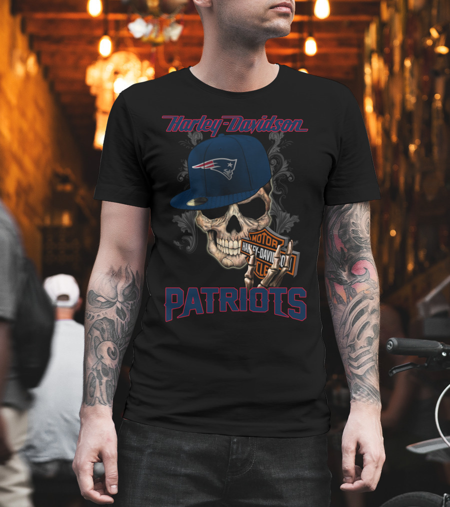 Harley Davidson Skull New England Patriots Hat T-Shirt
