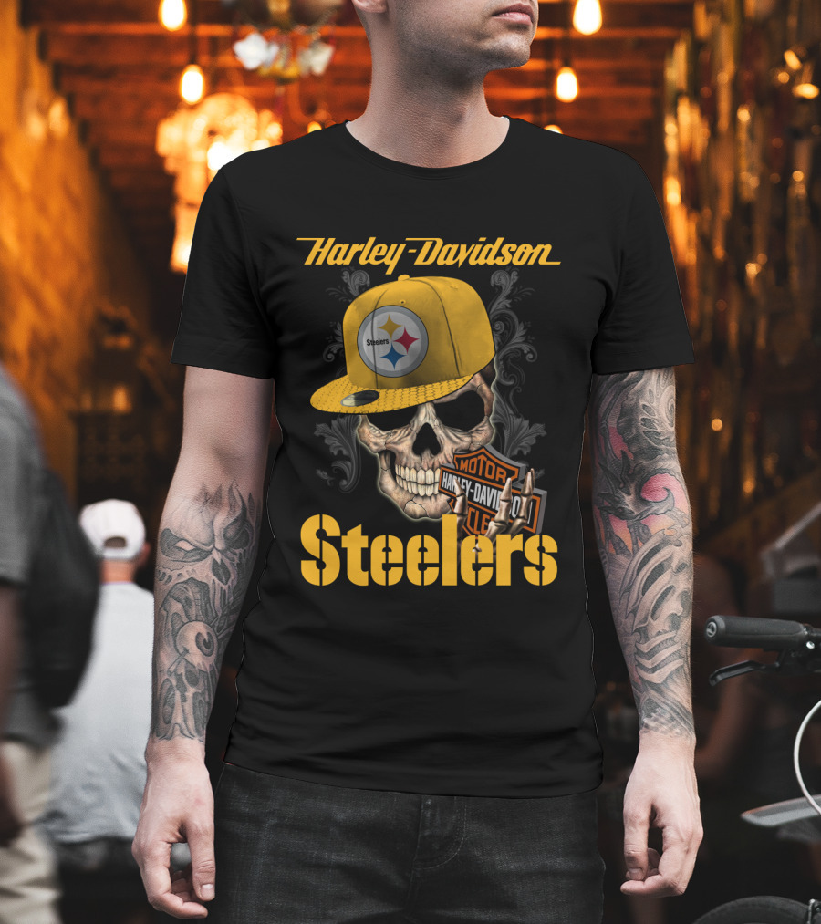 Harley Davidson Pittsburgh Steelers Skull Hat T-Shirt