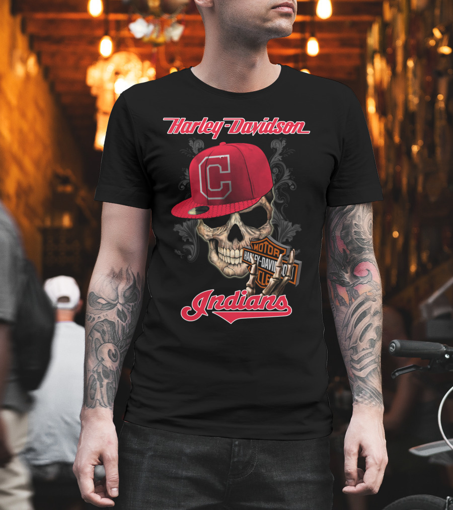 Harley Davidson Skull With Cleveland Indians Cap T-Shirt