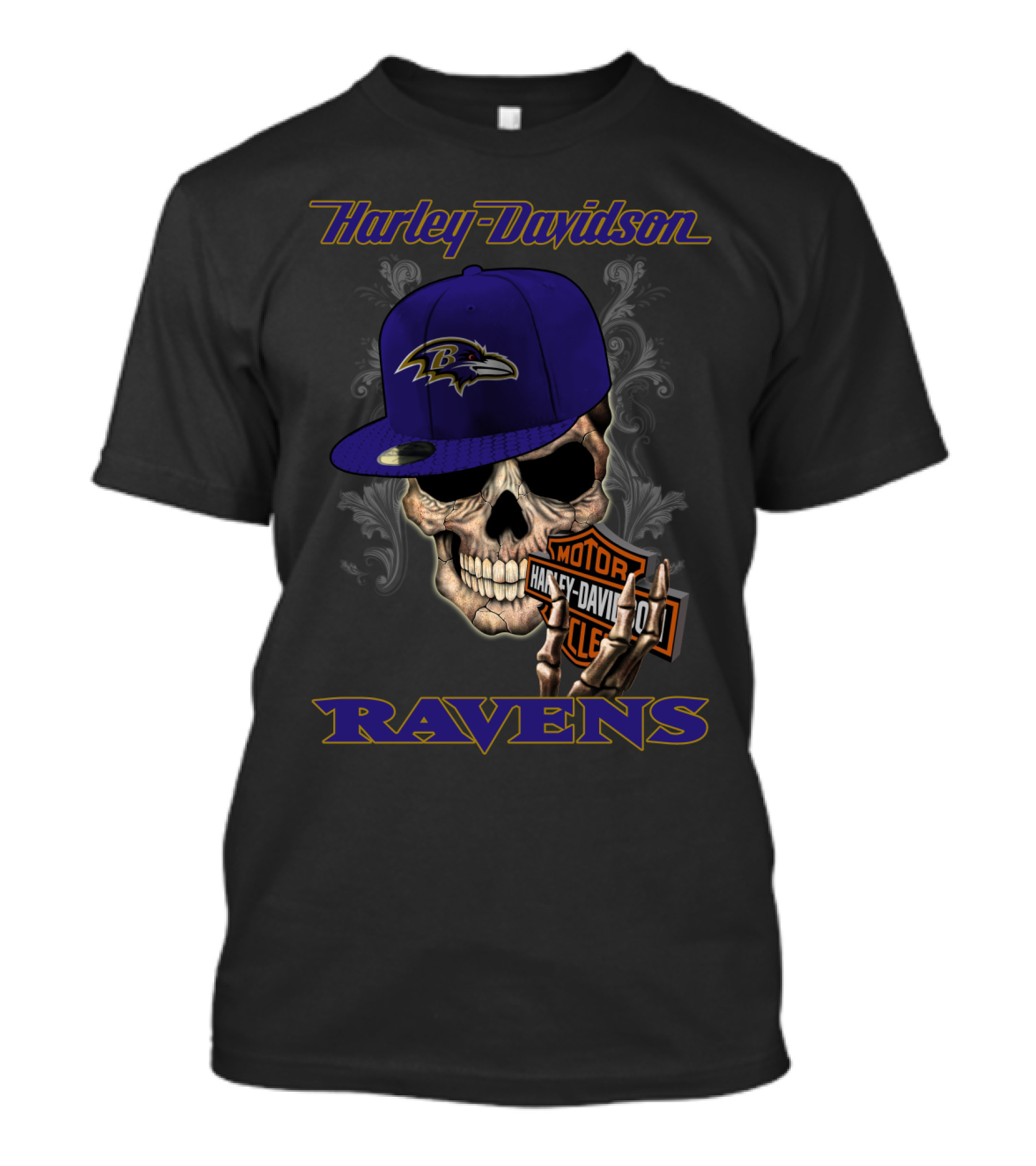 Harley Davidson Motor Skull Baltimore Ravens Hat T-Shirt