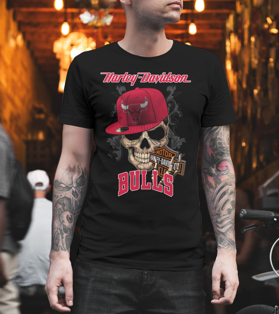 Harley Davidson Skull Chicago Bulls Cap With Motorcycle T-Shirt