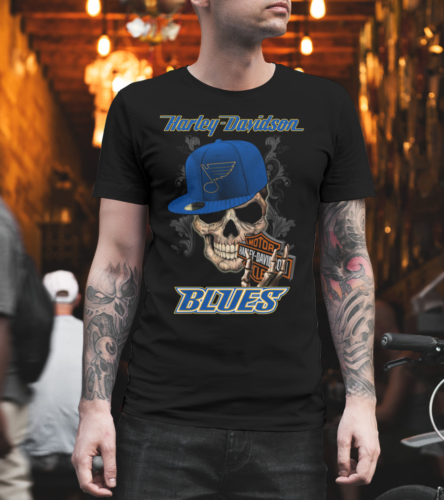 Harley Davidson St Louis Blues Skull Hat Nhl T-Shirt