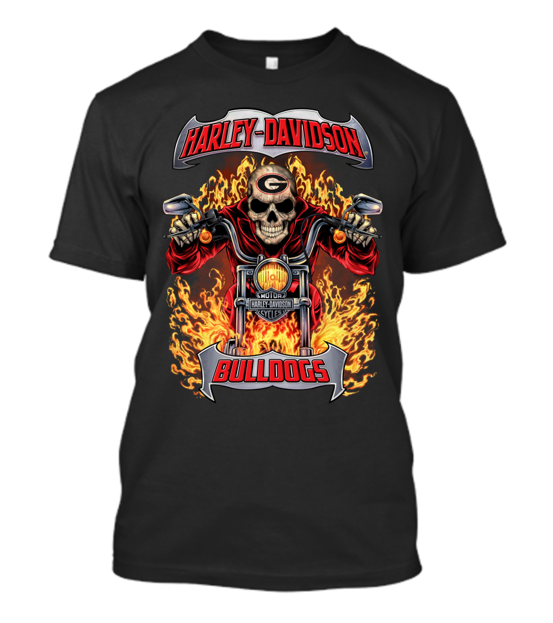 Harley Davidson Georgia Bulldogs Skull Motorcycle Flame T-Shirt