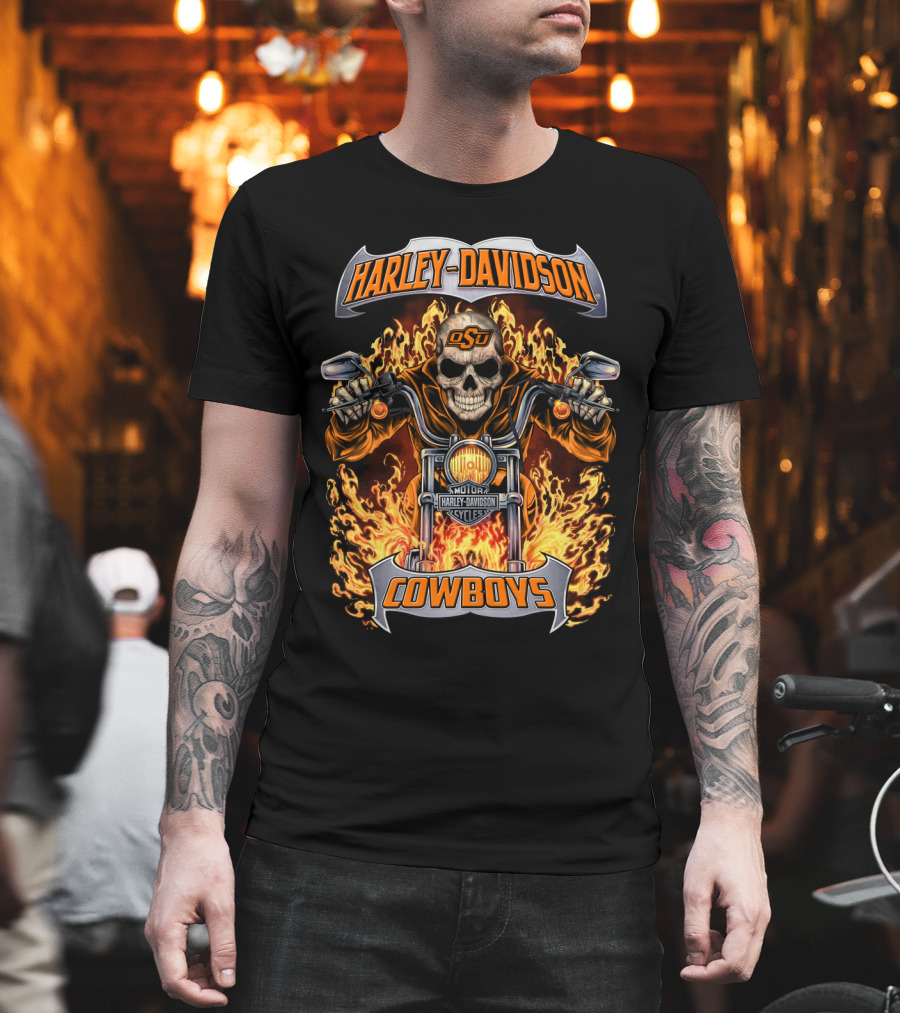 Harley Davidson Oklahoma State Cowboys Osu Skull Flames Motorcycle T-Shirt