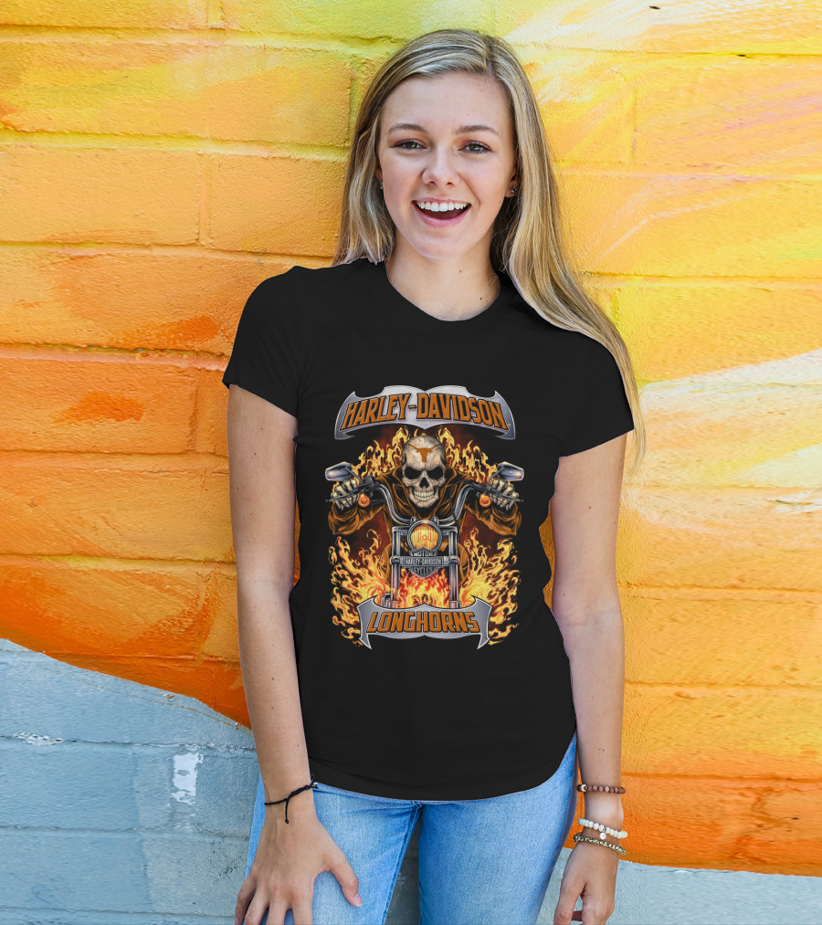 Harley Davidson Longhorns Flame Skull Motorcycle Art T-Shirt