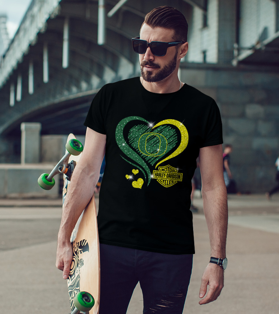 Oregon Ducks Heart Harley Davidson Motorcycles T-Shirt