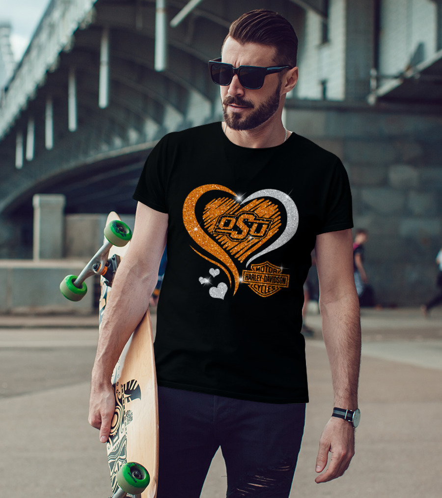 Osu Heart With Harley Davidson Logo And Oklahoma State Cowboys T-Shirt