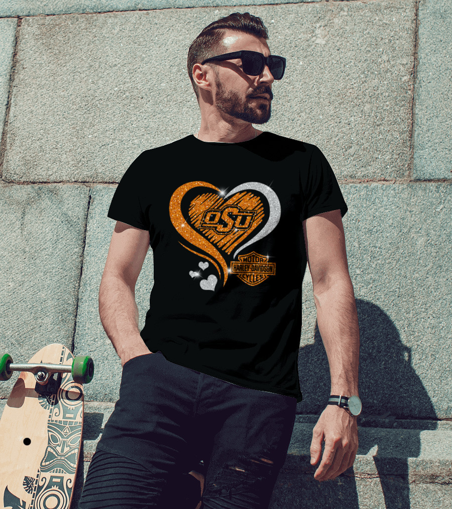 Osu Heart With Harley Davidson Logo And Oklahoma State Cowboys T-Shirt