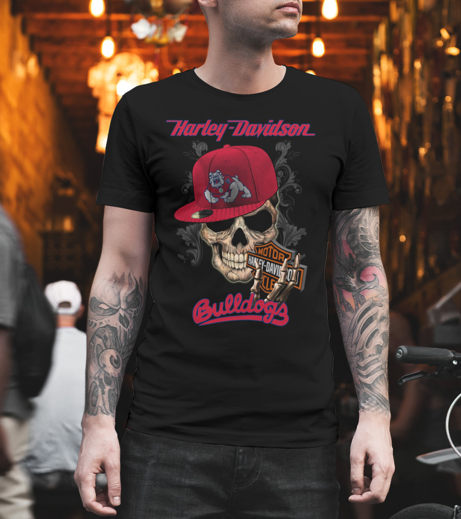 Harley Davidson Fresno State Bulldogs Skull With Cap T-Shirt