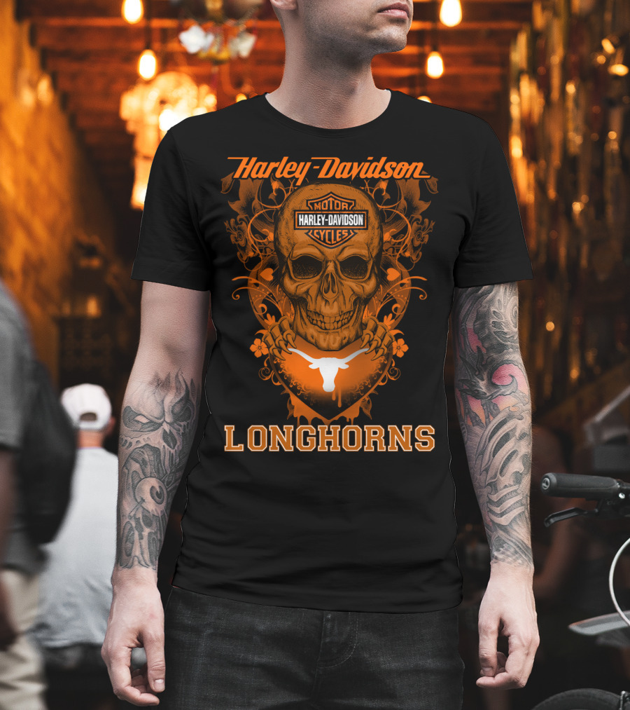 Harley Davidson Motor Cycles Skull Texas Longhorns T-Shirt