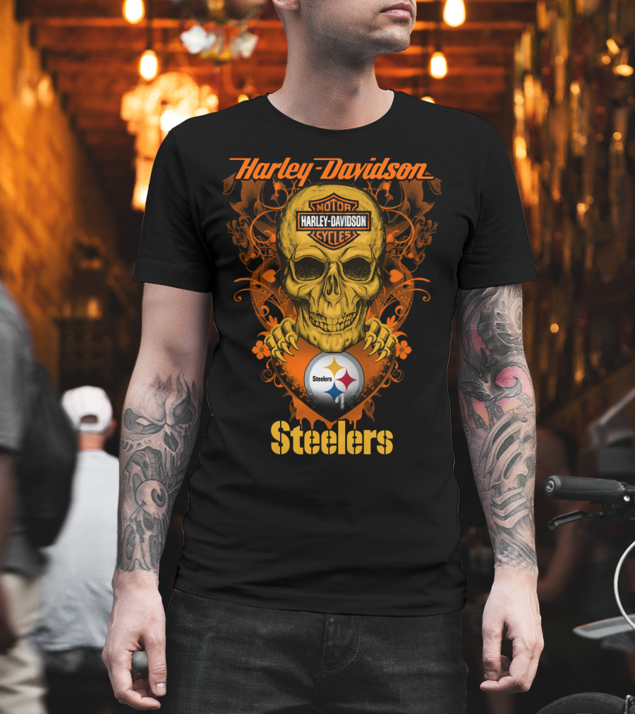 Harley Davidson Motorcycles Skull With Pittsburgh Steelers T-Shirt