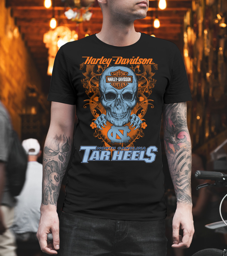 Harley Davidson Skull With North Carolina Tar Heels T-Shirt
