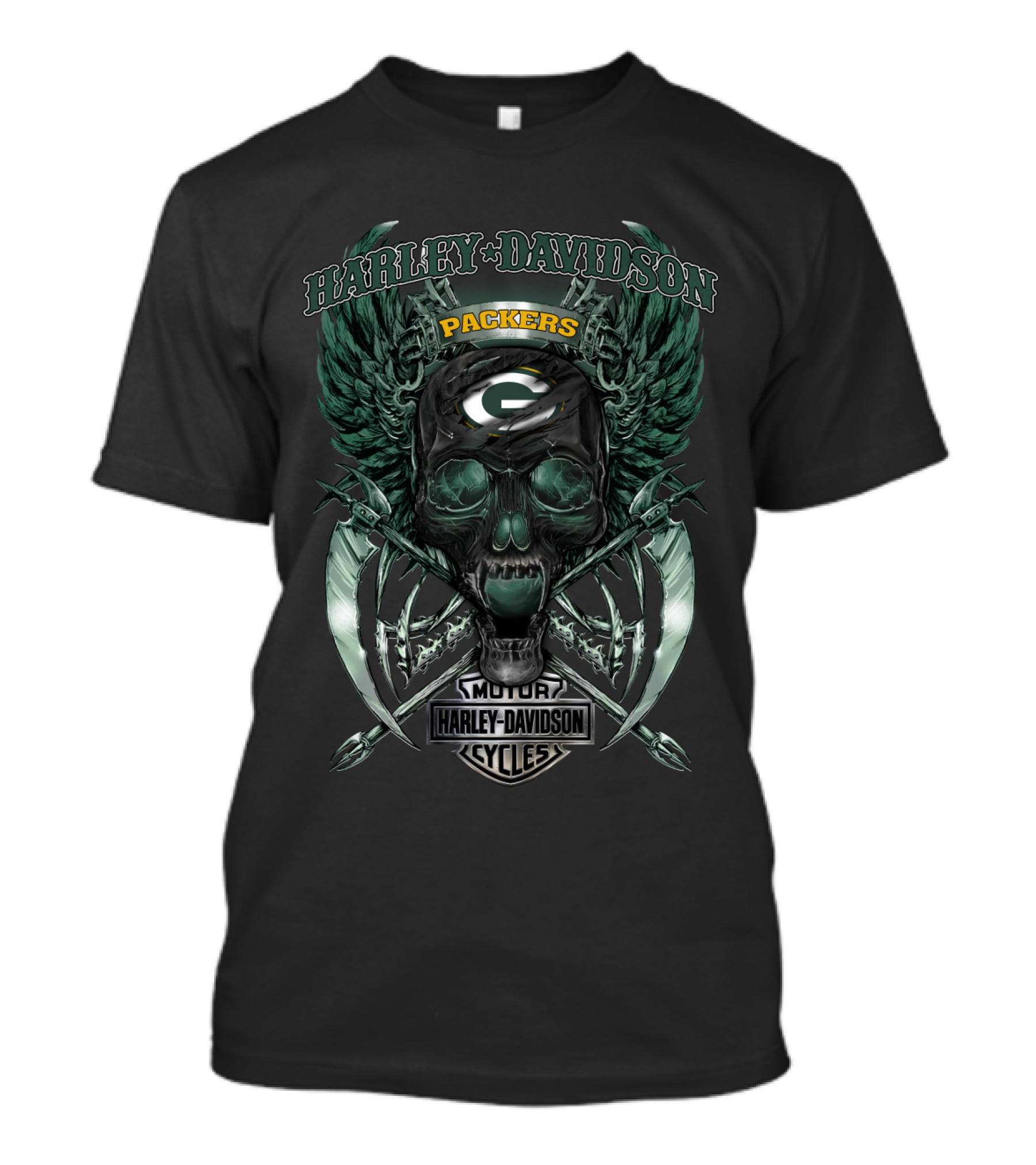 Harley Davidson Motor Cycles Packers Skull Wings Green Bay T-Shirt