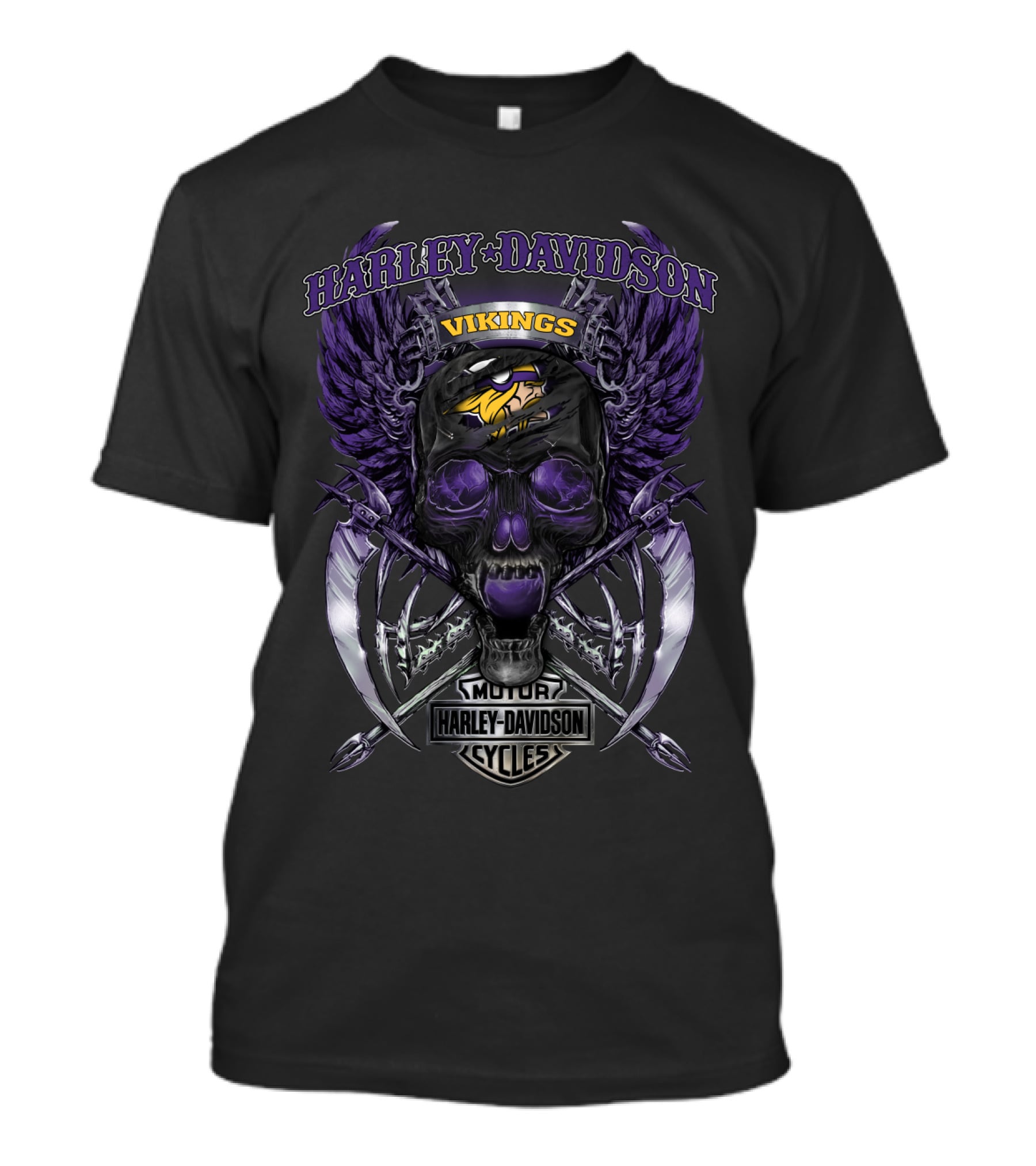 Harley Davidson Vikings Motor Cycles Minnesota Skull Wings T-Shirt