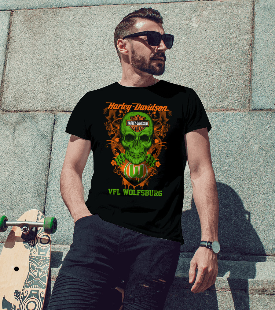 Harley Davidson Motorcycle Vfl Wolfsburg Green Skull T-Shirt