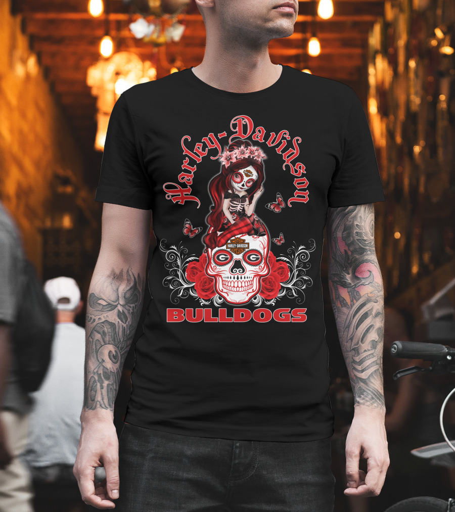 Harley Davidson Georgia Bulldogs Roses Skull T-Shirt