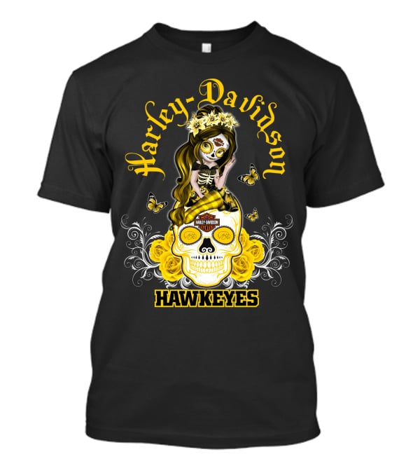 Harley Davidson Iowa Hawkeyes Day Of The Dead Girl With Skull And Butterflies T-Shirt