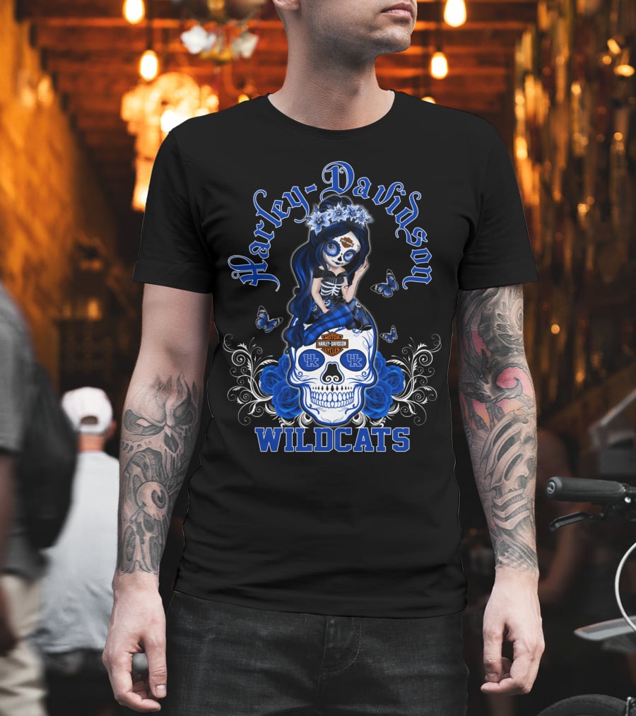Harley Davidson Kentucky Wildcats Skull Girl With Blue Roses And Butterflies T-Shirt