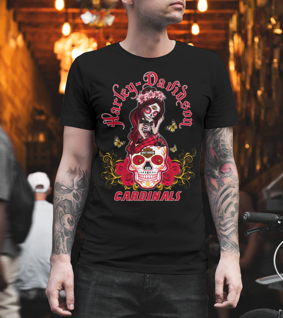 Harley Davidson Girl Louisville Cardinals Skull Rose Butterflies T-Shirt