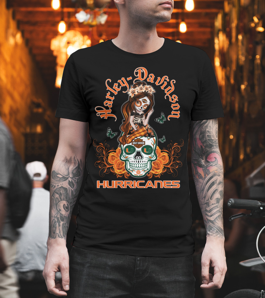 Harley Davidson Miami Hurricanes Butterfly Skull Roses T-Shirt