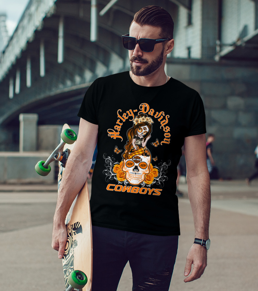 Harley Davidson Osu Cowboys Sugar Skull Roses Butterfly T-Shirt