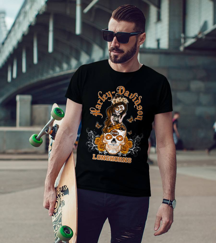 Harley Davidson Longhorns Texas Girl Skull Floral Motif T-Shirt