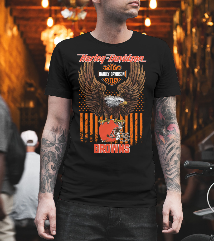 Harley Davidson Motor Cycles Nfl Cleveland Browns Eagle Flag T-Shirt