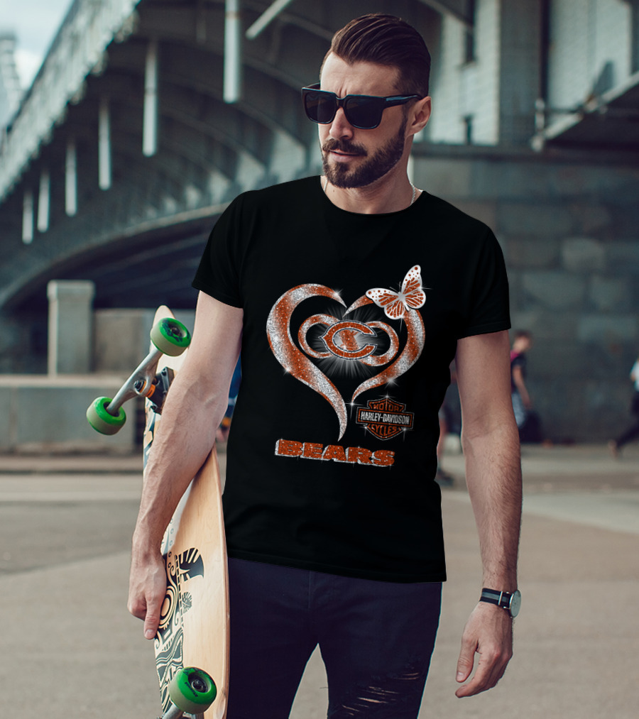 Chicago Bears Heart Harley Davidson Butterfly T-Shirt
