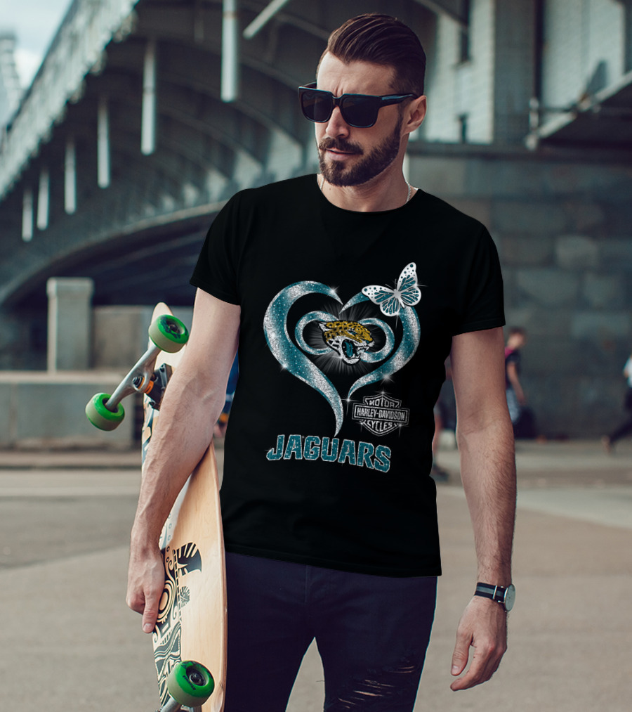 Jacksonville Jaguars Heart Harley Davidson Butterfly T-Shirt