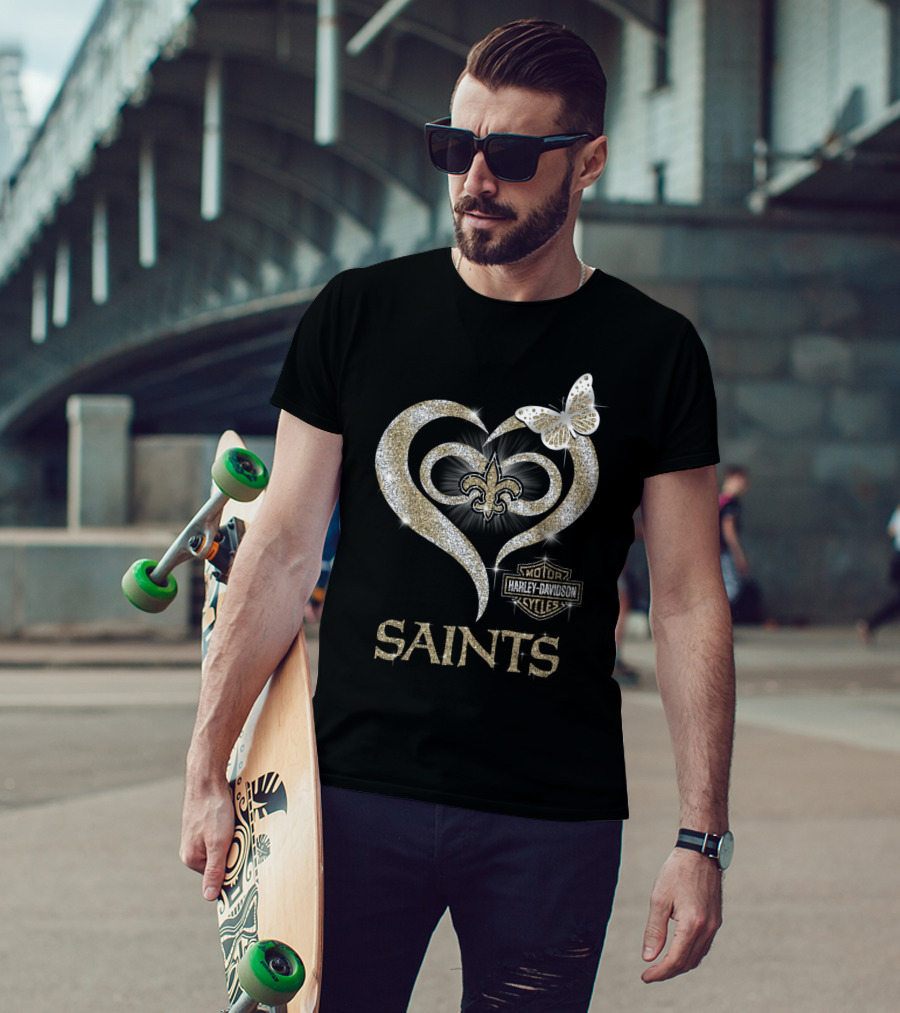 New Orleans Saints Harley Davidson Heart Fleur-De-Lis Butterfly T-Shirt