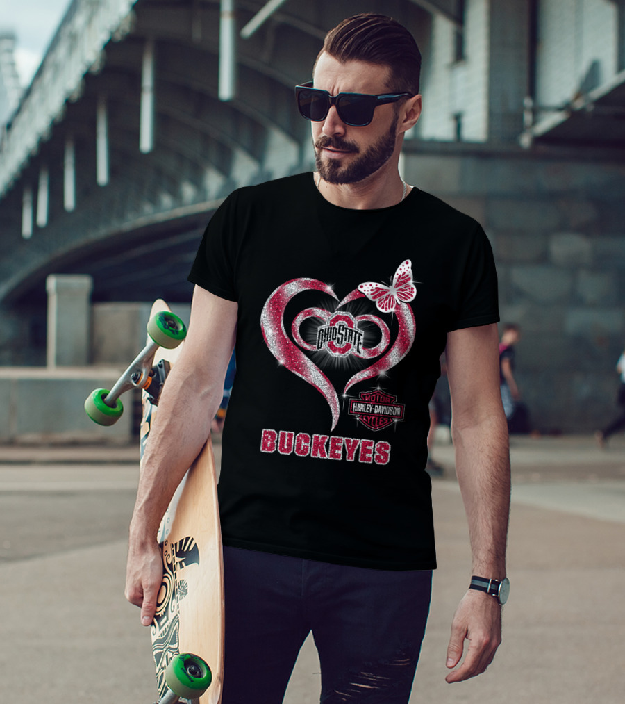 Ohio State Buckeyes Harley Davidson Heart Butterfly T-Shirt