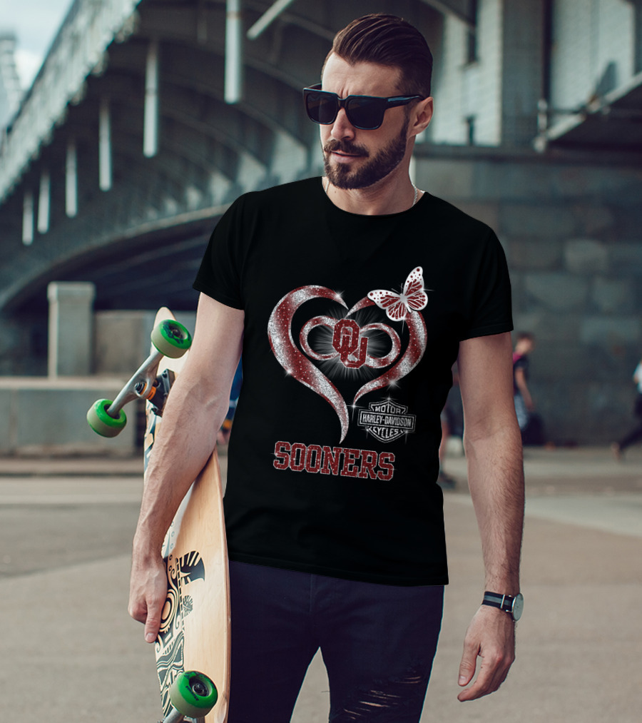 Ou Sooners Harley Davidson Heart Butterfly T-Shirt