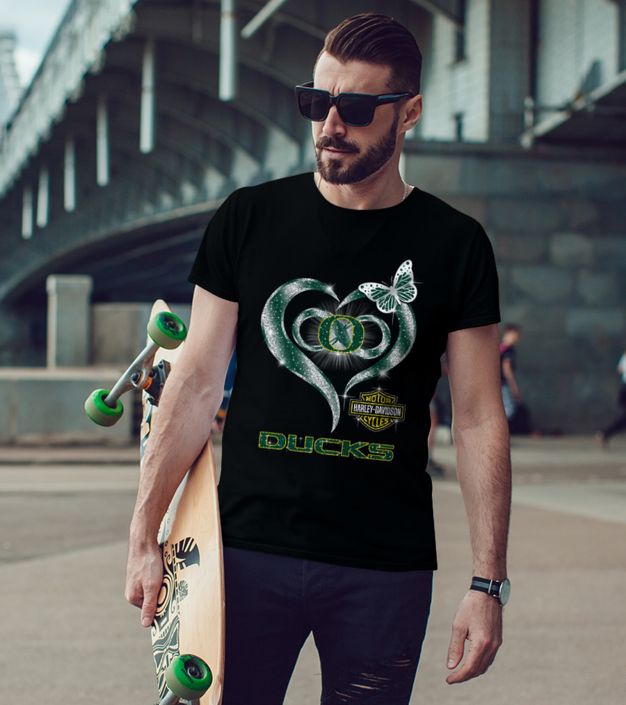 Hlh01 Oregon Ducks Harley Davidson Heart Butterfly T-Shirt