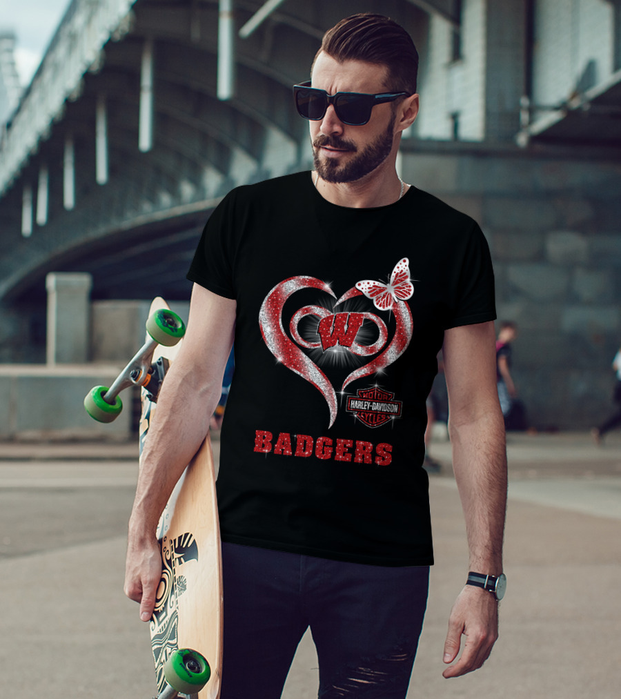 Wisconsin Badgers W Heart Harley Davidson Styles Butterfly T-Shirt