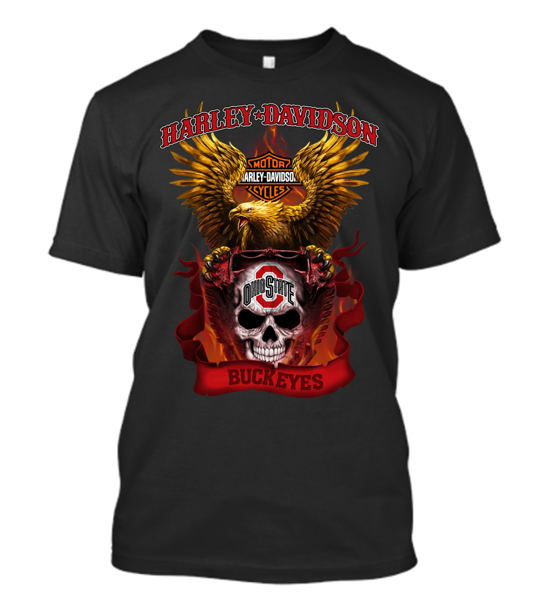 Harley Davidson Ohio State Buckeyes Skull And Eagle Motif T-Shirt