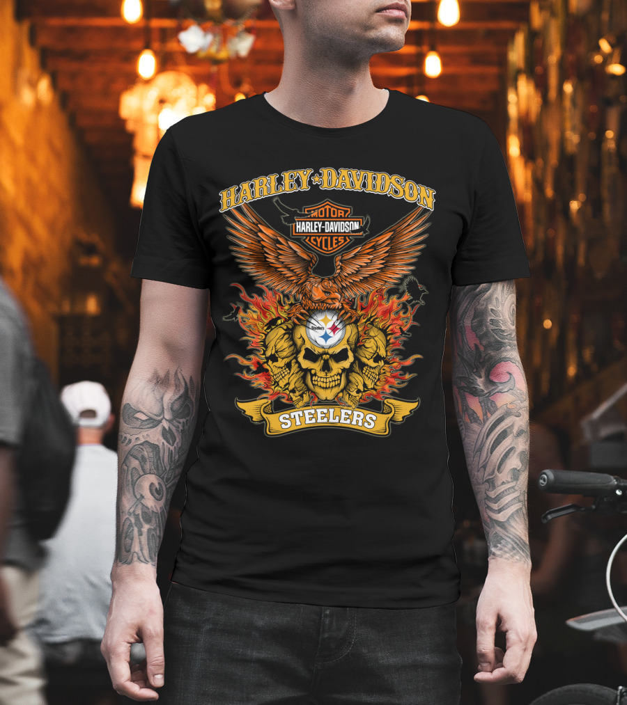 Harley Davidson Motorcycles Steelers Skull With Fire And Eagle 0304 Nfl Pittsburgh Steelers T-Shirt