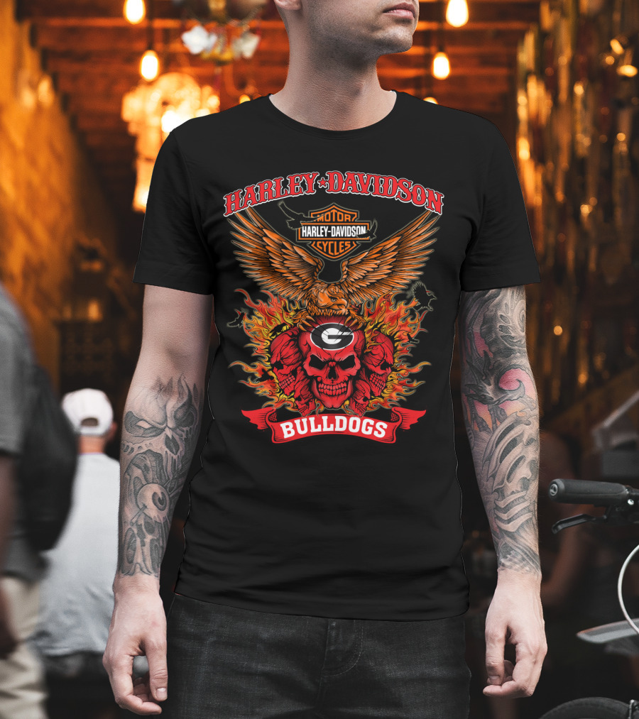 Harley Davidson Georgia Bulldogs Skull Fire Winged T-Shirt