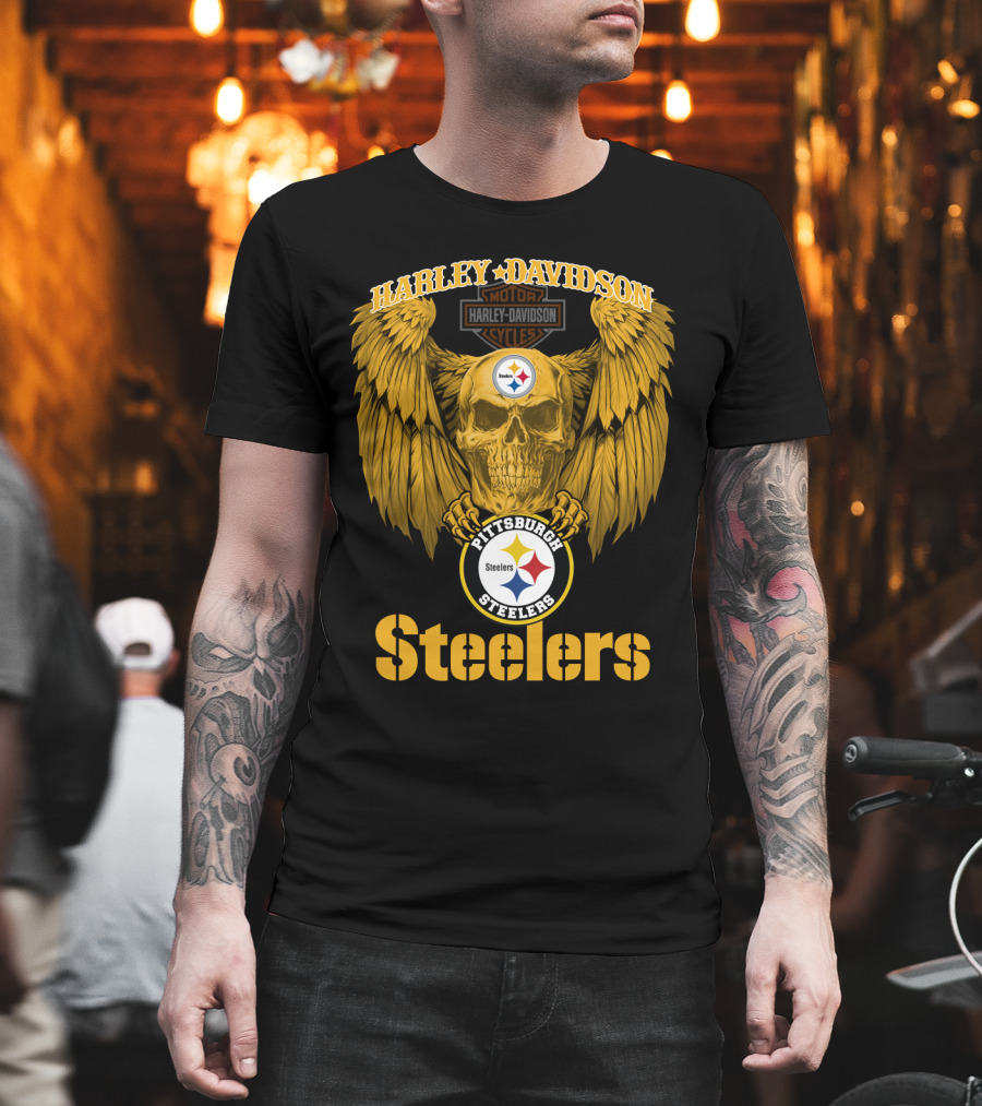 Harley Davidson Pittsburgh Steelers Skull Motor Cycles Winged T-Shirt