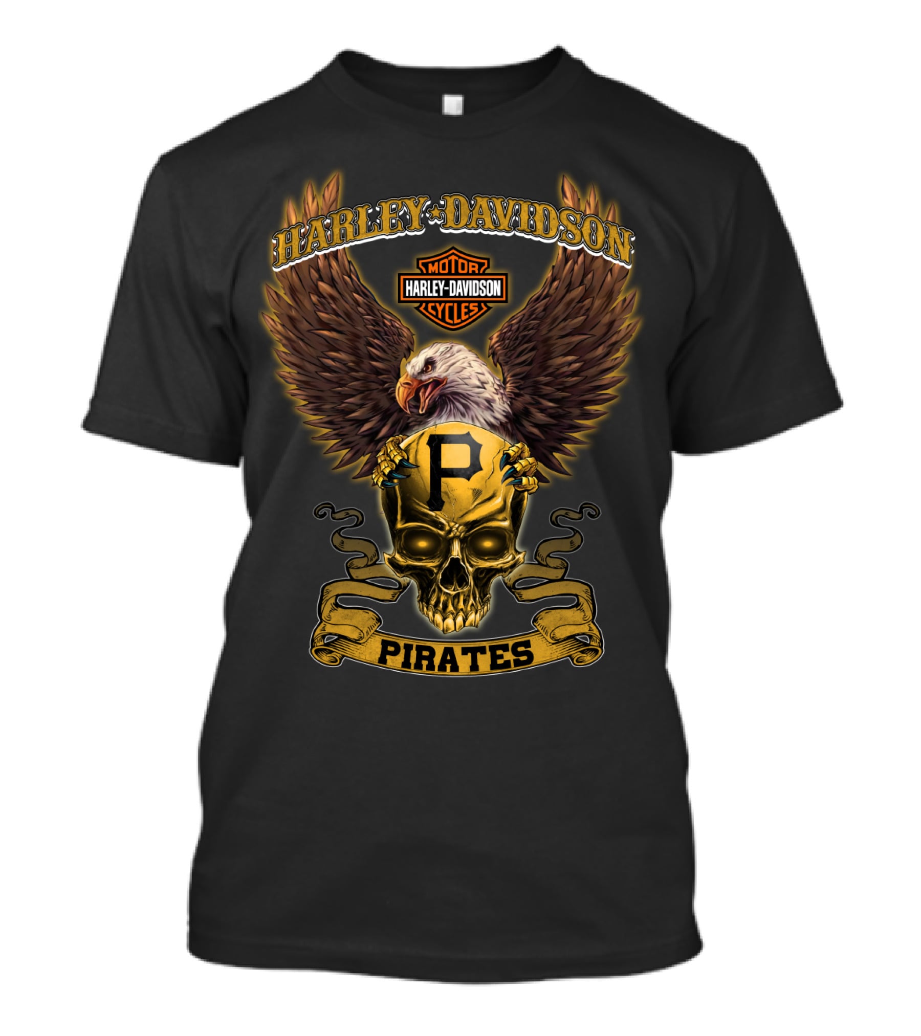 Harley Davidson Motor Cycles Skull Eagle Pittsburgh Pirates T-Shirt