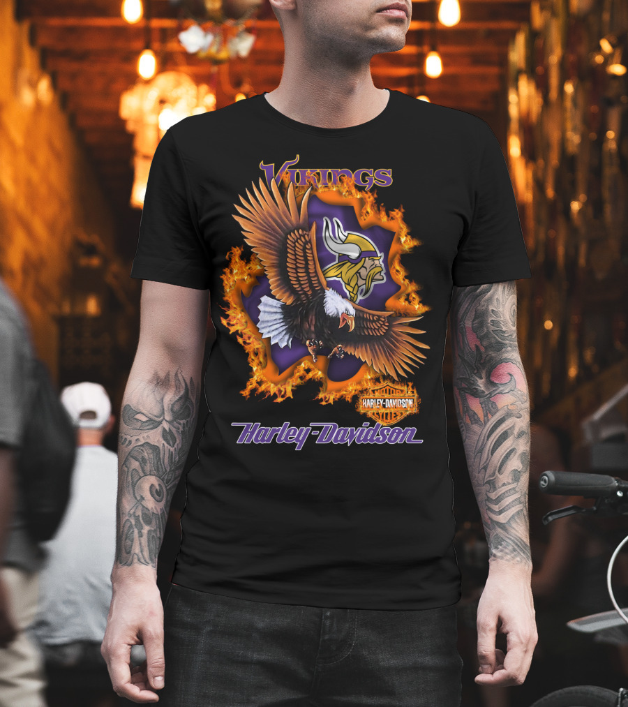 Vikings Harley Davidson Bald Eagle Fire T-Shirt
