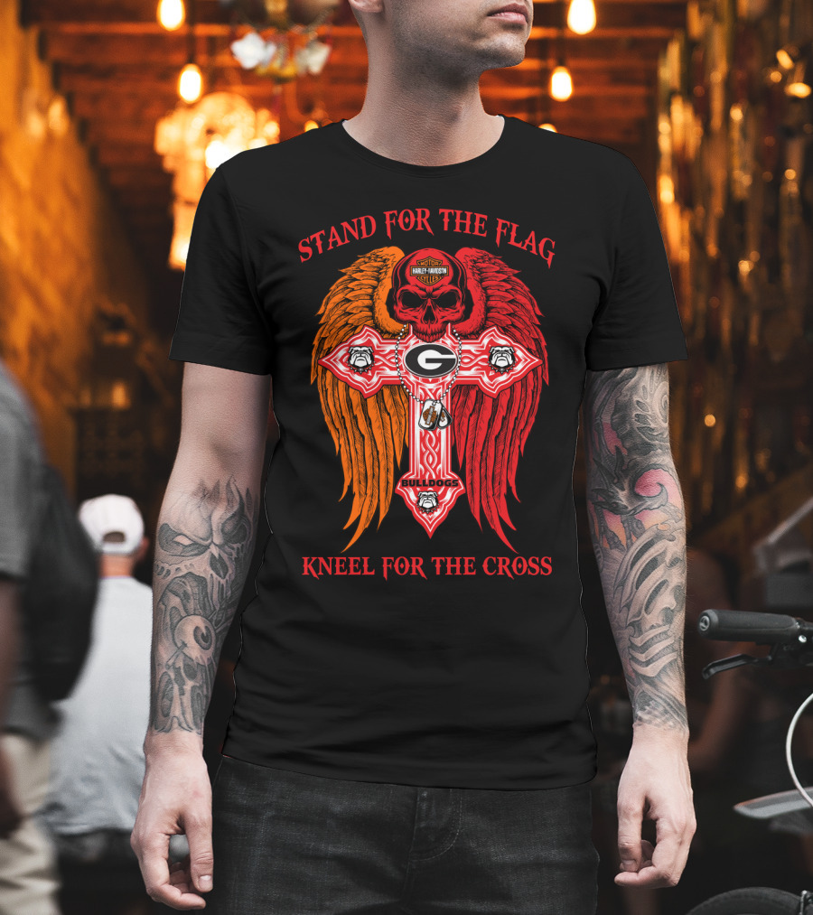 Stand For The Flag Kneel For The Cross Georgia Bulldogs Harley Davidson Riding Skull With Wings T-Shirt
