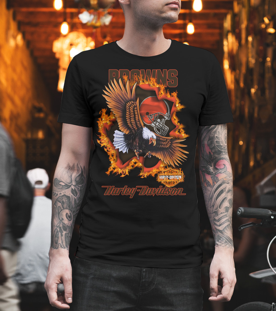 Browns Harley Davidson Nfl 84 Cleveland Browns Eagle Helmet Flames T-Shirt