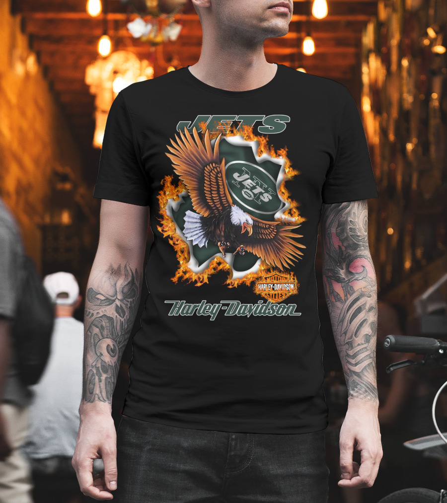 Harley Davidson New York Jets Eagle Flame Nfl 84 T-Shirt