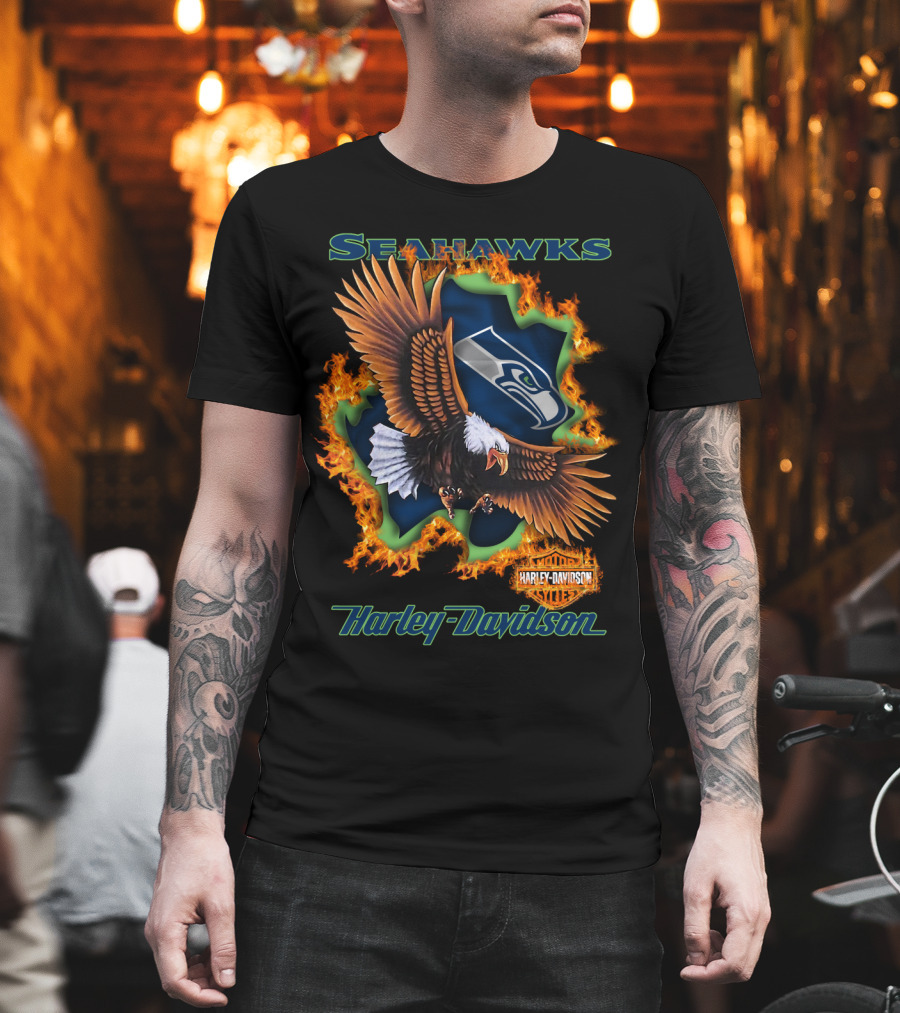Seahawks Harley Davidson Nfl 84 Seattle Eagle Flame T-Shirt