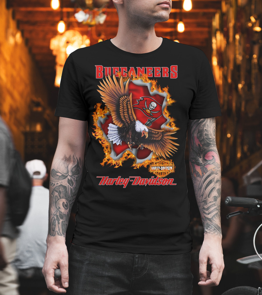Harley Davidson Buccaneers Tampa Bay Nfl Eagle Logo Fire T-Shirt