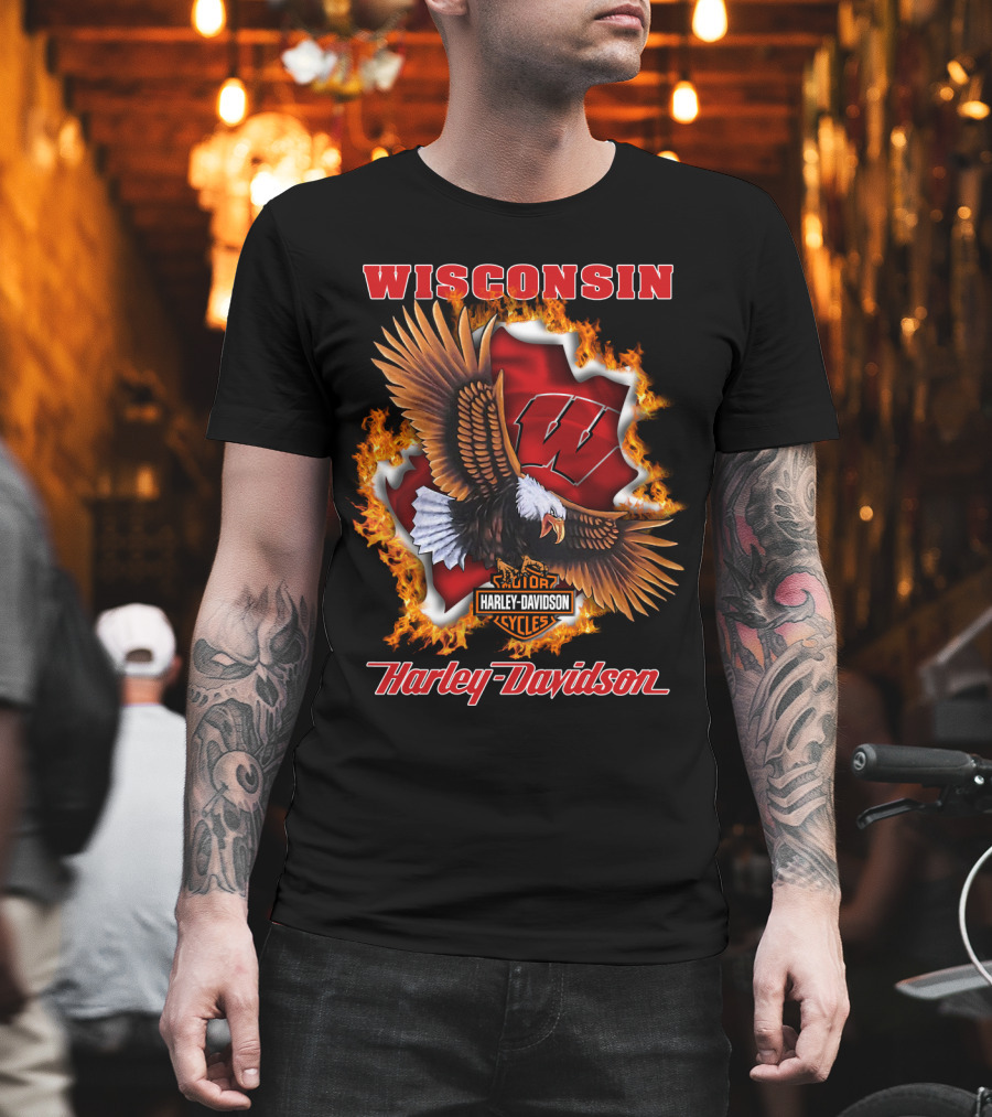 Wisconsin Harley Davidson Ncaa Badgers Flames Eagle T-Shirt